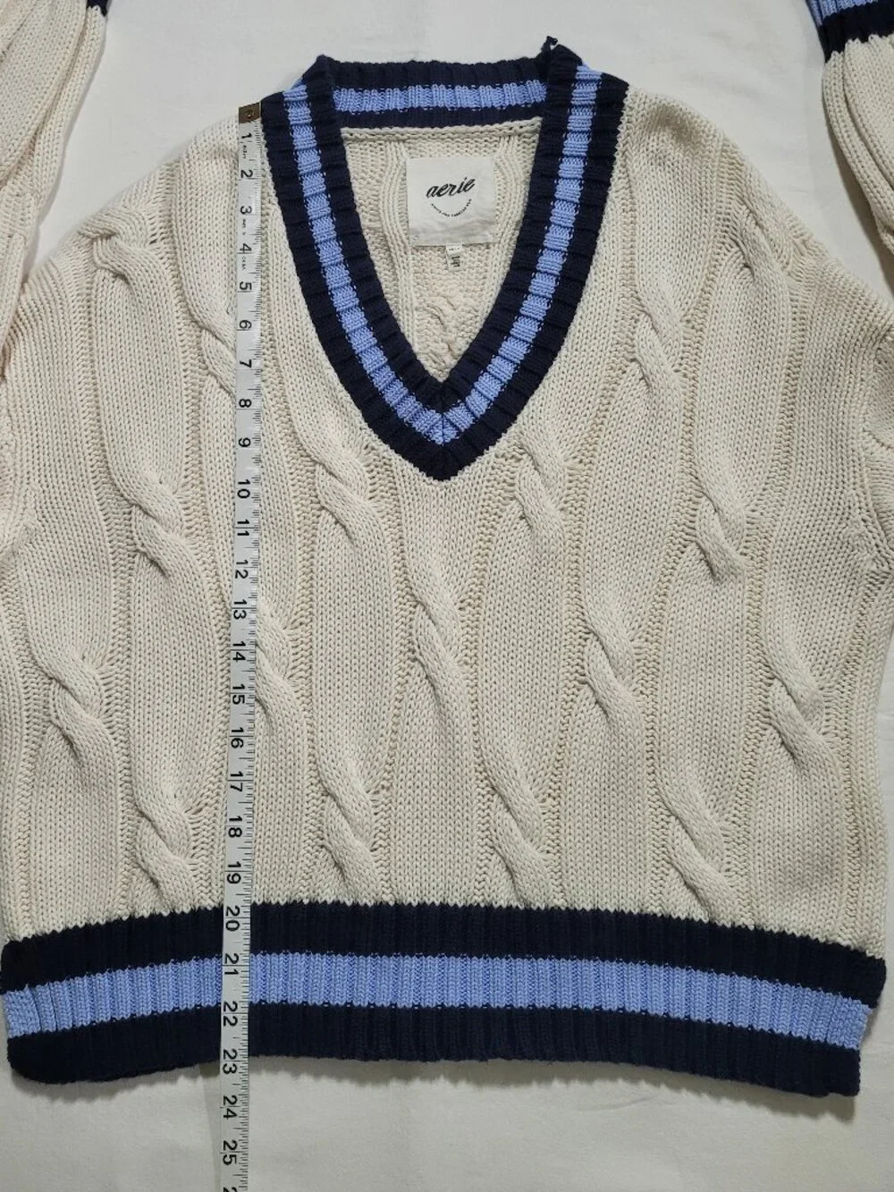 Aerie Striped V Neck Cable Knit Tennis Sweater Ivory Blue XSmall Preppy FLAW